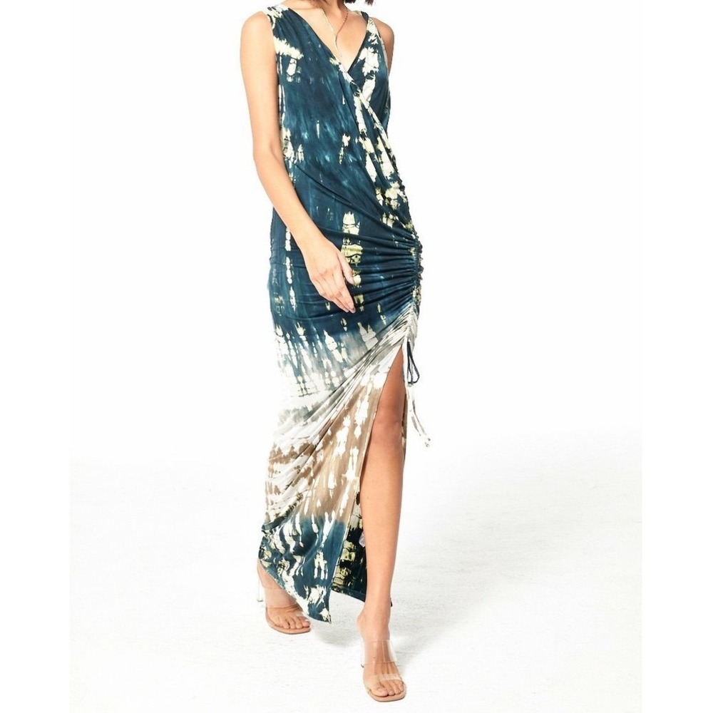 YFB Tie Dye Ruched Side Slit Maxi Dress Blue White Yellow Womens Xs
R2
